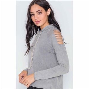 Buckle Stonewash Laser Cut Cold Shoulder Long Sleeve in Grey